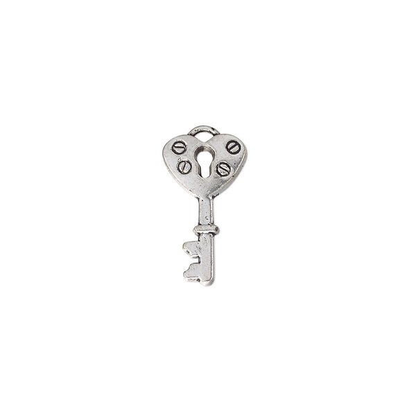 Charm, antique silver-plated "pewter" (zinc-based alloy), 19.5x10mm double-sided key. Sold per pkg of 20. image number 0
