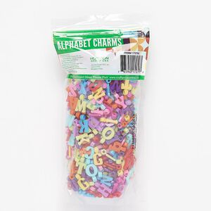 Charm mix, plastic, opaque mixed colors, 12x4mm-12x11mm alphabet letters. Sold per 3.5 ounce pkg, approximately 500 charms.