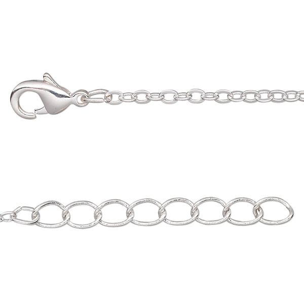 Chain, silver-plated brass, 2mm flat cable, 16 inches with  1-1/4 inch extender chain and lobster claw clasp. Sold per pkg of 4. image number 0