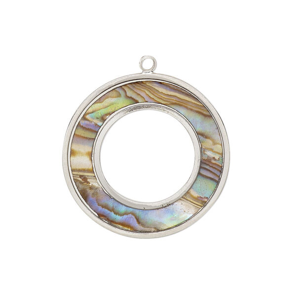 Drop, paua shell (assembled) / resin / imitation rhodium-finished brass, multicolored, 25mm double-sided donut. Sold individually. image number 0