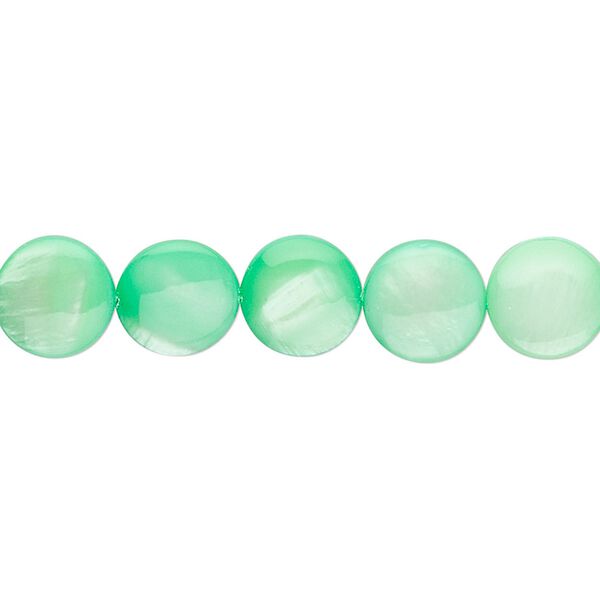 Bead, mother-of-pearl shell (dyed), mint green, 9mm flat round. Sold per 15" to 16" strand. image number 0