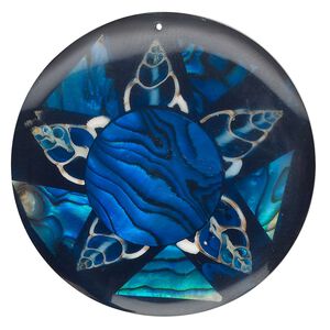 Focal, paua shell and dilate conch shell (assembled), dark blue, 50mm top-drilled single-sided  round with flower, Mohs hardness 3-1/2. Sold individually.