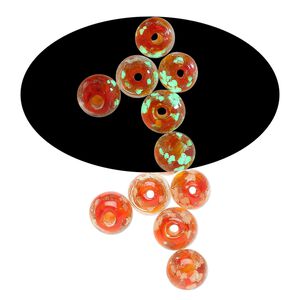 Bead, lampworked glass, clear / red / glow-in-the-dark / gold, 6mm round. Sold per pkg of 6.