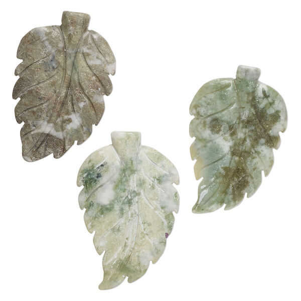 Green serpentine 1pkg3, carved leaf focal B grade, 58x38mm-61x38mm image number 0