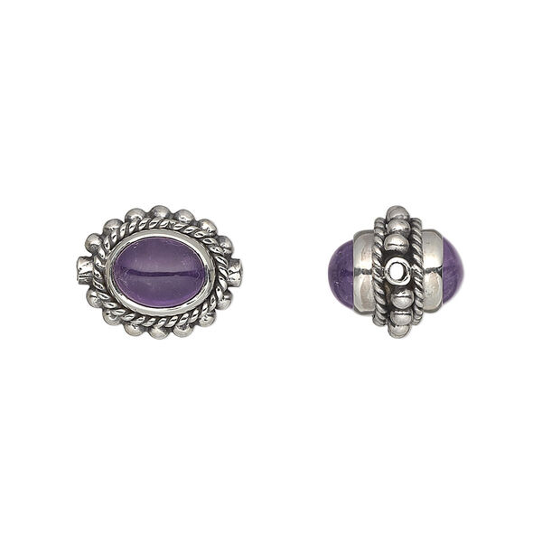 Bead, amethyst (natural) and antiqued sterling silver, 13x11mm oval with 8x6mm oval cabochon. Sold individually. image number 0