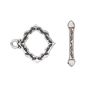 Clasp toggle 1pkg1 silver-plated pewter (tin alloy), 19.5x19mm double-sided scalloped diamond, TierraCast® antique 1-strand