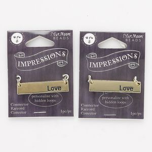 Focal, enamel / gold-finished "pewter" / steel, black, 37x8mm rectangle with "Love" and hidden loops. Sold per pkg of 2.