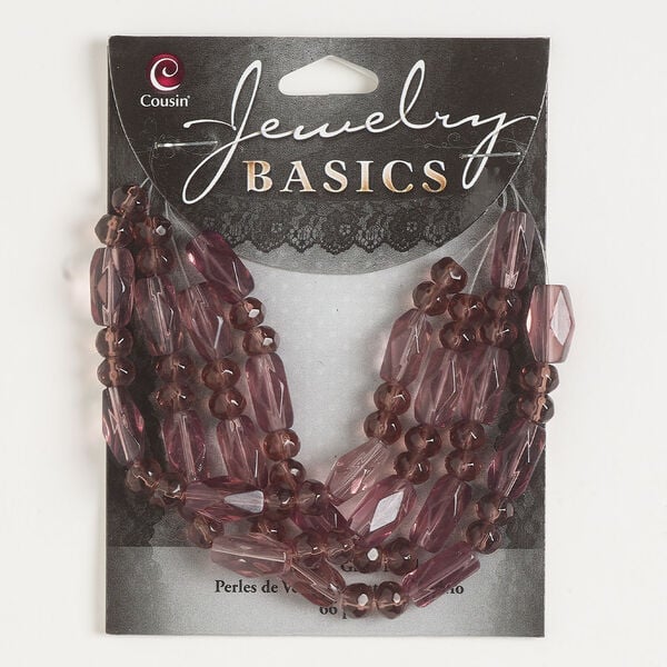 Bead mix 1pkg66, glass, translucent purple, 6x4mm-6x5mm faceted rondelle and 12x5mm-12x6mm rectangle. image number 0