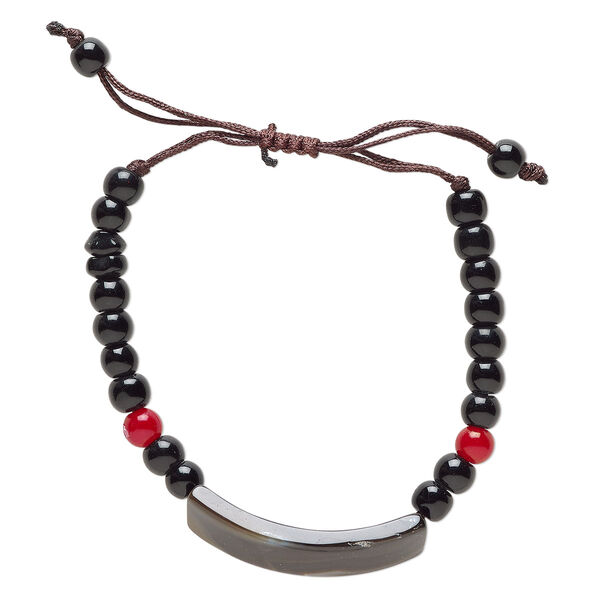 Black agate / glass / waxed cotton 1pkg1, curved rectangle bracelet adjustable 5-7.5 inch 10mm image number 0