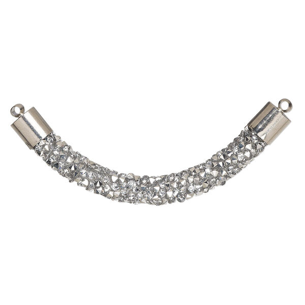 Focal, glass / resin / imitation rhodium-finished brass, silver, 60-64mm curved tube. Sold per pkg of 4. image number 0