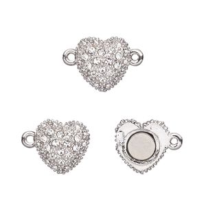 Clasp magnetic 1pkg1 rhodium-plated pewter (tin alloy), 12mm textured heart, clear crystal 1-strand