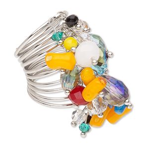 Ring, bamboo coral (dyed) / glass / imitation rhodium-finished steel, multicolored, 28mm wide, size 7-1/2. Sold individually.