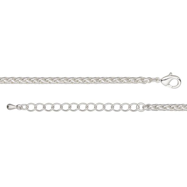 Chain, silver-plated brass, 3.2mm ponytail, 7-1/2 inches with 2-inch extender chain and lobster claw clasp. Sold individually. image number 0