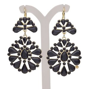 Earring, glass rhinestone / gold-finished brass / steel / "pewter" (zinc-based alloy), matte black, 2-1/2 inches with leverback ear wire. Sold per pair.