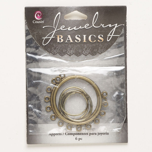 Focal and component assortment, "pewter" (zinc-based alloy) and steel, pkg/3 pairs, antique gold finish, 21mm endless round and 35mm round with 7 closed loops. image number 0