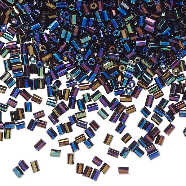 Bugle bead glass 1pk #2 round tube, 50 gram opaque blue iris black image number 0