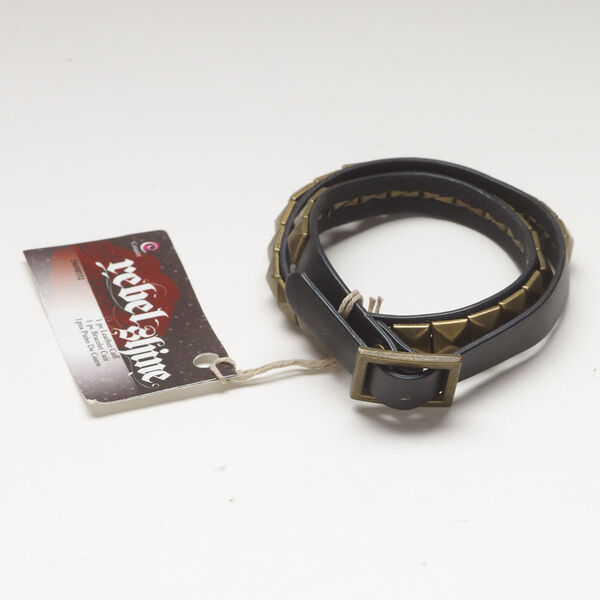 Bracelet, wrap 1pkg1, leather and antique brass-finished brass, black, 12mm wide with studs, 24 inches with adjustable buckle. image number 0