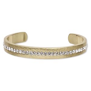 Bracelet, cuff, glass rhinestone and gold-finished "pewter" (zinc-based alloy), clear, 9mm wide scratched band, 6-1/2 inches. Sold individually.