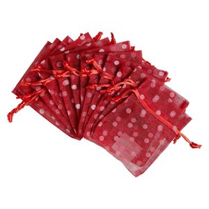 Pouch, flocked organza, red and white, 4x3 inches with dots pattern and drawstring closure. Sold per pkg of 12.