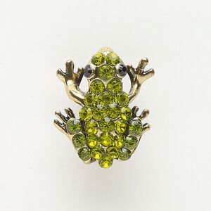 Bead, slide, brass and glass, pkg/1, 25x20mm frog, antique brass finish and multicolored.