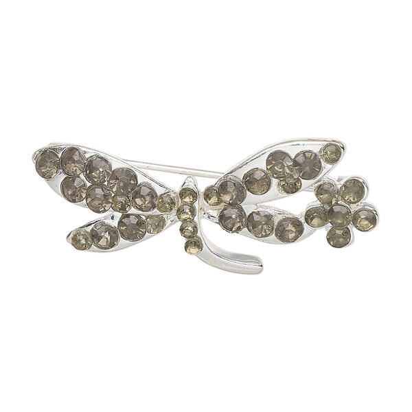Brooch, silver-finished brass and glass, green, 31x12mm-32x13mm dragonfly with flower. Sold individually. image number 0