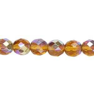 Bead, Czech fire-polished glass, honey AB, 8mm faceted round. Sold per 15-1/2" to 16" strand.