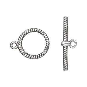 Clasp toggle 1pkg20 silver-plated "pewter" (zinc alloy), 16mm double-sided round, antique 1-strand