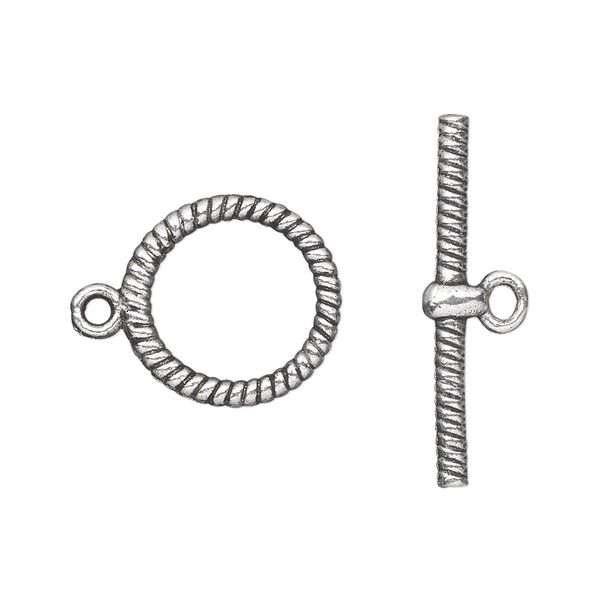 Clasp toggle 1pkg20 silver-plated "pewter" (zinc alloy), 16mm double-sided round, antique 1-strand image number 0