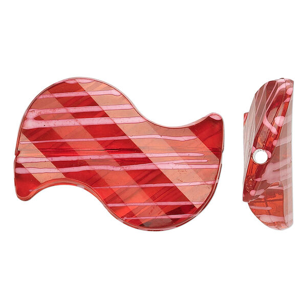 Bead, acrylic, semitransparent red and white, 35x23mm S-shape with painted line design. Sold per pkg of 24. image number 0
