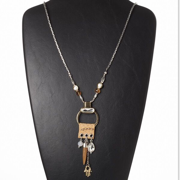 Necklace, leather (dyed) / glass / ceramic / resin / antiqued silver-finished brass / steel / "pewter" (zinc-based alloy) / antiqued gold-finished "pewter" (zinc-based alloy), brown and clear, 4-1/2 inch dangle with cone, 27 inches with lobster claw clasp. Sold individually. image number 0