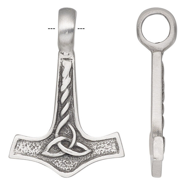 Pendant, antiqued pewter (tin-based alloy), 42x28.5mm single-sided Thor's hammer with knot. Sold individually. image number 0
