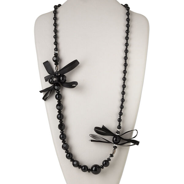 Necklace, organza / acrylic / silver-coated plastic, black, 32-inch continuous loop. Sold individually. image number 0