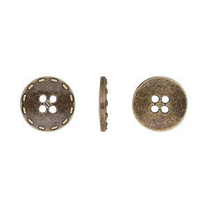 Button, antiqued brass-finished "pewter" (zinc-based alloy), 12mm single-sided flat round with stitched edge. Sold per pkg of 50.