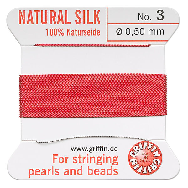 Thread, Griffin, silk, red, size #3. Sold per 2-meter card (approximately 78 inches). image number 0