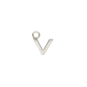 Charm, sterling silver, 10x9mm single-sided modern square alphabet letter V. Sold individually.