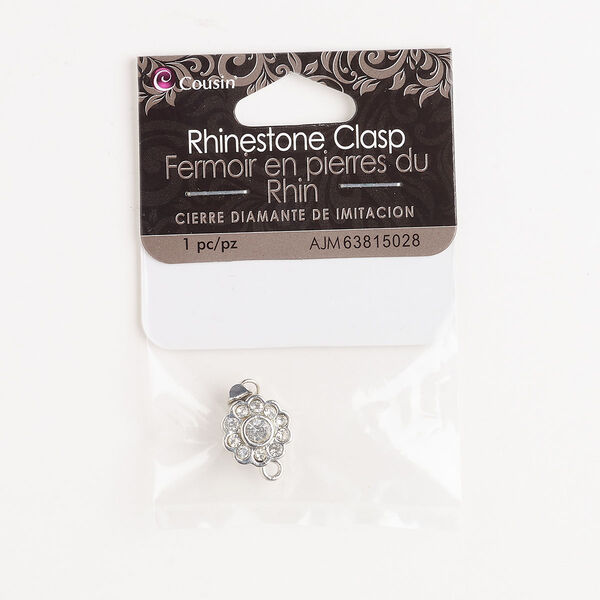 Clasp, tab, brass and glass, pkg/1, 11mm flower, silver finish and clear. image number 0