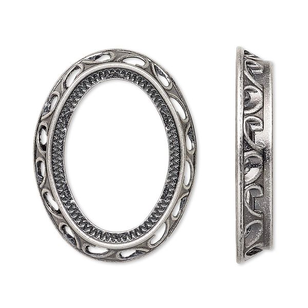 Component, antique silver-plated brass, 31x24mm oval with swirl design and 25x18mm oval setting. Sold per pkg of 4. image number 0