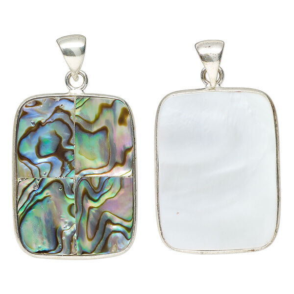 Pendant, silver-finished brass / paua shell / mother-of-pearl shell (assembled), 46x35mm-46x37mm rectangle. Sold individually. image number 0