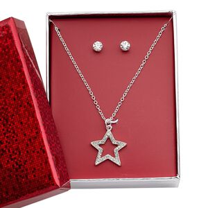 Necklace and earring set, glass rhinestone / silver-finished brass / steel / "pewter" (zinc-based alloy), clear, 18.5x18.5mm open star, 15" to 16" necklace with 3-inch extender chain and lobster claw clasp, 5mm round with post. Sold per set.