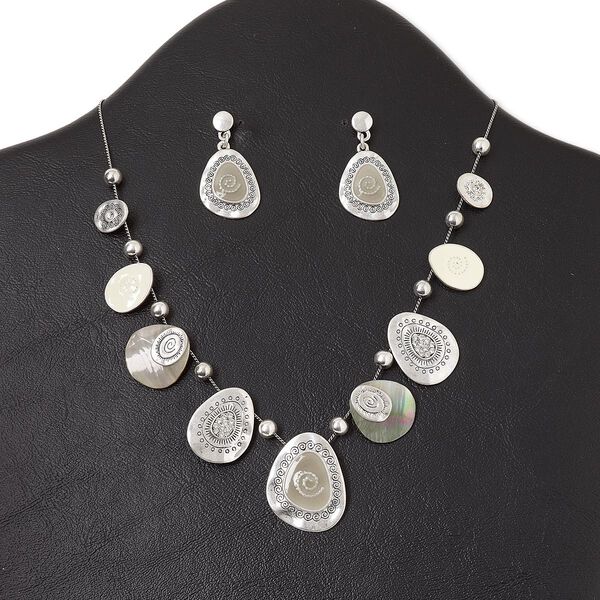 Necklace and earring set, antique silver-plated "pewter" (zinc-based alloy) and steel / enamel / glass rhinestone / black lip shell (natural), multicolored, teardrop with swirls, 15" to 16" necklace with lobster claw clasp and 3-inch extender chain, 1-1/4 inch earring with post. Sold per set. image number 0