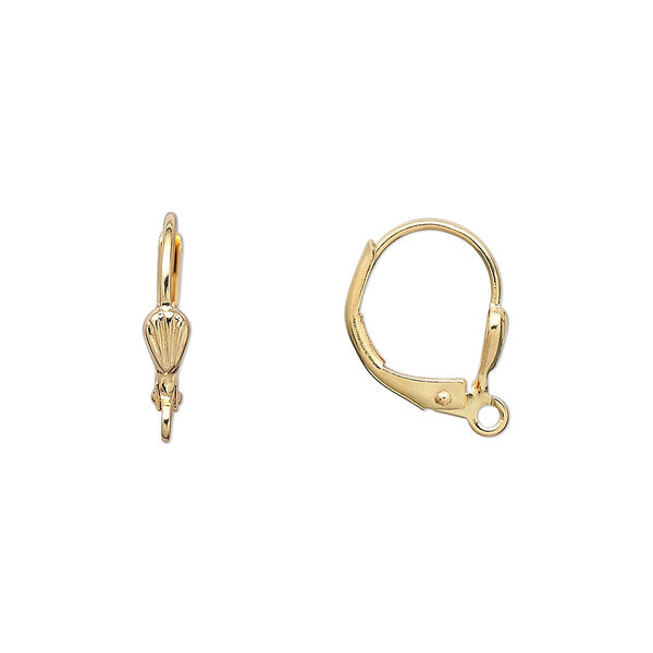 Ear wire, gold-plated brass, 15mm leverback with 6x3mm shell and open loop. Sold per pkg of 50 pairs. image number 0