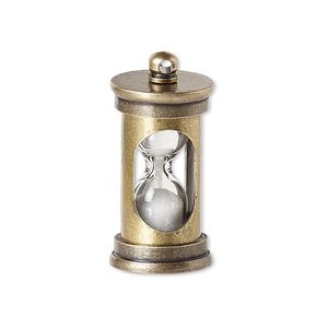 Drop, sand / glass / silicone / antiqued brass, white and clear, 29x14mm hourglass. Sold individually.