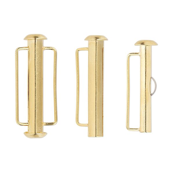 Clasp, slide lock, gold-plated brass, 26x6mm round tube. Sold per pkg of 4. image number 0