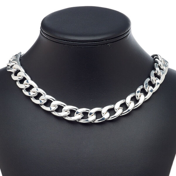 Necklace, silver-plated brass and steel, 15mm flat curb, 19 inches with 3-inch extender chain and lobster claw clasp. Sold individually. image number 0