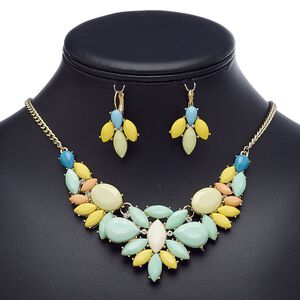 Necklace and earring set, acrylic / glass rhinestone / gold-finished brass / steel / "pewter" (zinc-based alloy), multicolored, 18-inch necklace with 3-inch extender chain and lobster claw clasp, 34mm earrings with leverback ear wire. Sold per set.