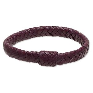 Bracelet, bangle, leather (dyed), purple, 15mm wide with braided design, 7-1/2 inches. Sold individually.