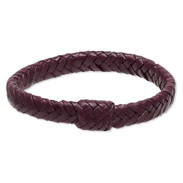 Bracelet, bangle, leather (dyed), purple, 15mm wide with braided design, 7-1/2 inches. Sold individually. image number 0