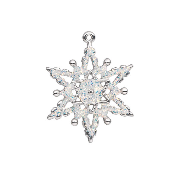 Charm, silver-plated "pewter" (zinc-based alloy) and enamel, white, 23x22mm single-sided snowflake with glitter. Sold individually. image number 0