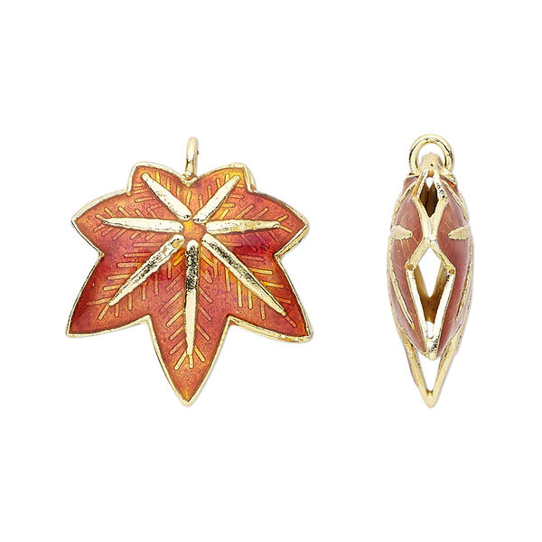 Charm, cloisonné, enamel and gold-finished copper, red, 20x20mm double-sided maple leaf. Sold per pkg of 4. image number 0