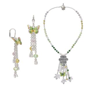 Necklace and earring set, One of a Kind Jewelry, silver-finished brass / enamel / glass, yellow and green, 20-inch necklace. Only one available.